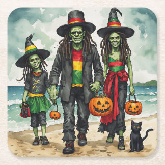 Zombie Familie Strand Halloween Bord Vierkante Kartonnen Onderzetter