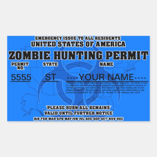 Zombie Hunting Permit (blauw) Rechthoekige Sticker (Voorkant)