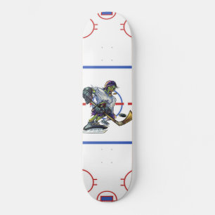 Zombie-ijshockeyspeler midden op het ijs eet de pu skateboard