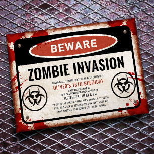 Zombie invasiefeest met roestig gevarenbord kaart
