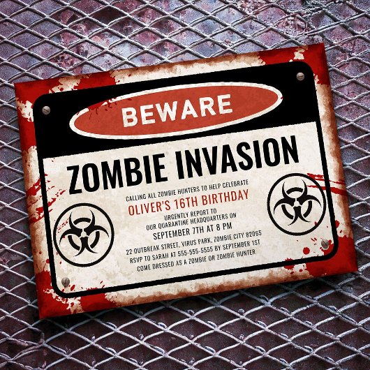 Zombie invasiefeest met roestig gevarenbord kaart