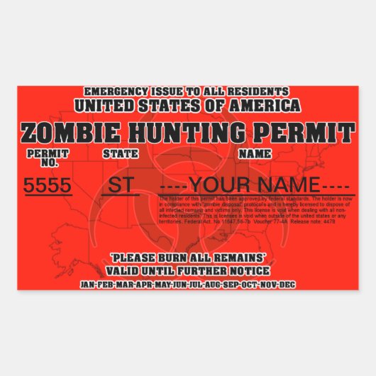 Zombie jachtvergunning rechthoekige sticker (Voorkant)