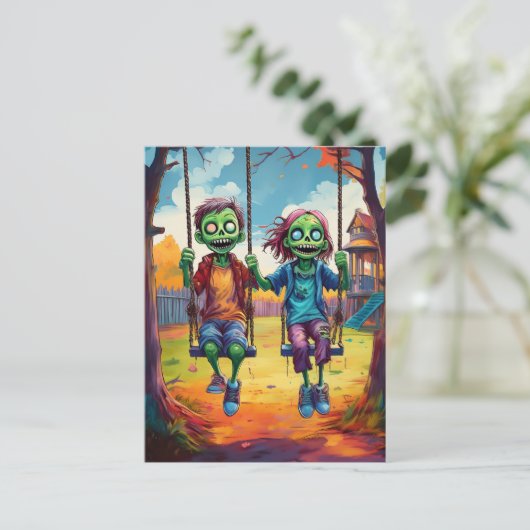 Zombie Kids on Swings in Autumn Playground Briefkaart (Staand voorkant)
