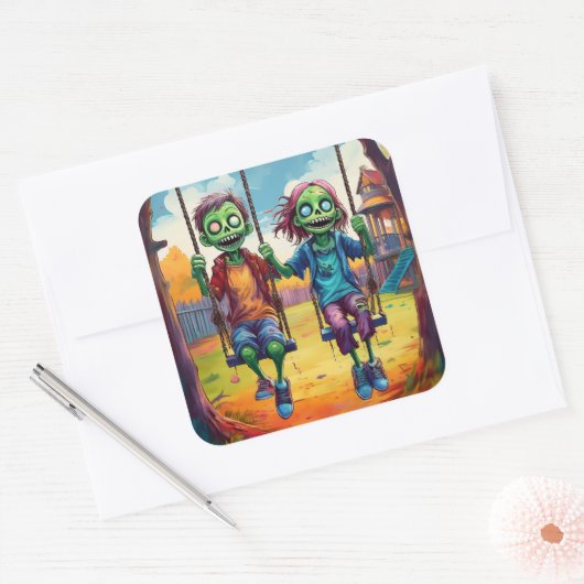 Zombie Kids on Swings in Autumn Playground Vierkante Sticker (Envelop)