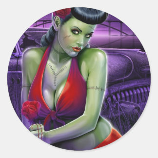 zombie meisje liefde met roos vintage auto ronde sticker