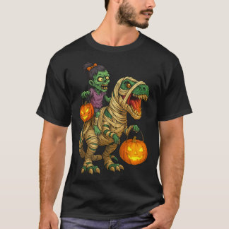 Zombie Meisje Rijdt Mummie T Rex Halloween Kindere T-shirt