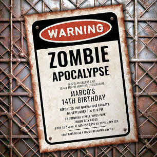 Zombie-uitbraak verjaardagsfeest met roestig bord kaart