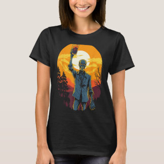 Zombie viert gelukkige zonsondergang Halloween Moo T-shirt