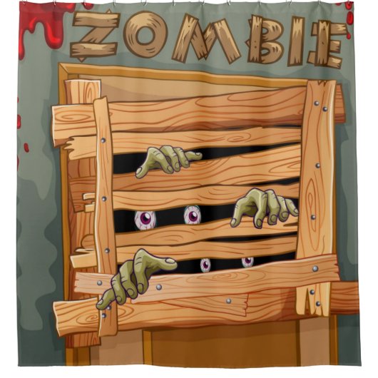Zombies achter de houten deur douchegordijn (Voorkant)