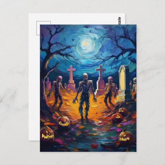Zombies Rising in Moonlit Graveyard with Pumpkins Briefkaart (Voorkant / Achterkant)