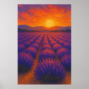 Zomer 3, zonsondergang over lavendel, seizoensgebo poster