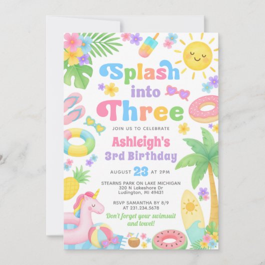 Zomer 3e verjaardag uitnodiging - Splash in drie (Voorkant)