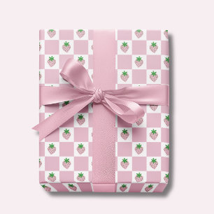 Zomer Aardbei Roze Schachbrett Cadeaupapier