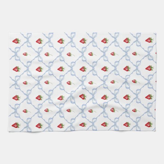 Zomer Aardbeien n Blauw Lint Bogen Waterverf Theedoek (Horizontaal)