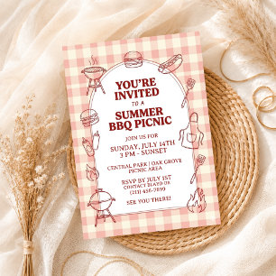 Zomer BBQ Gingham Picknick Uitnodiging Tuin Rustie