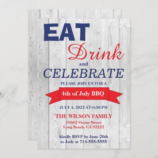 Zomer BBQ Rood Wit en Blauw Uitnodiging (Voorkant / Achterkant)