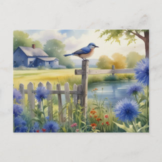 Zomer Blauw Vogel Natuur Huis Briefkaart Waterverf