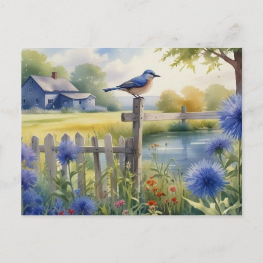 Zomer Blauw Vogel Natuur Huis Briefkaart Waterverf (Voorkant)