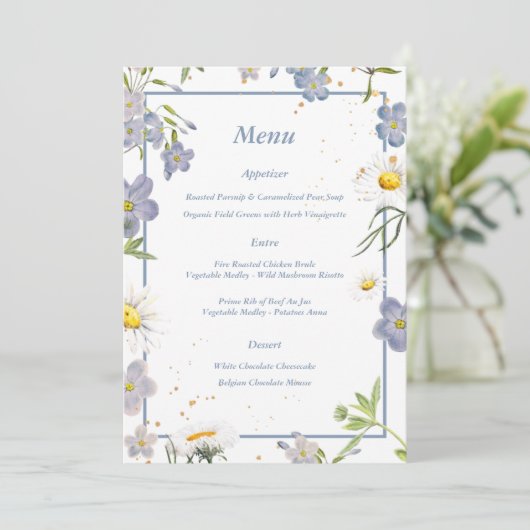 Zomer Bloemen Blauw Trouwmenu Menu (Staand voorkant)