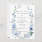 Zomer Bloemen Elegant Blauw en Wit Bruiloft Kaart (Voorkant)