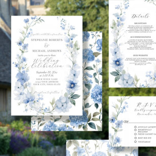 Zomer Bloemen Elegant Blauw en Wit Bruiloft Kaart