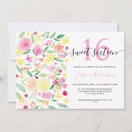 Zomer bloemenroze waterverf Sweet 16 foto Kaart (Voorkant)