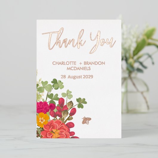 Zomer Bloementuin Wildbloemen Bruiloft Dank u Folie Uitnodiging (Staand Voorkant)
