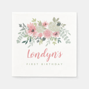 Zomer Blush Roze Bloemen Groen Eerste Verjaardag Servet