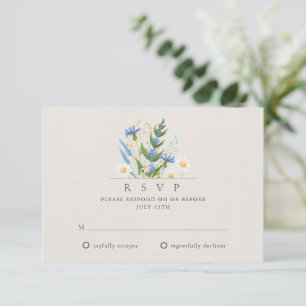 Zomer Daisy Blauwe Bloemige Botanische Bruiloft RSVP Kaartje