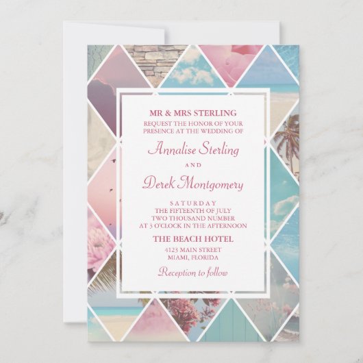 Zomer Diamanten | Roze & Blauwe Strand Bruiloft Kaart (Voorkant)