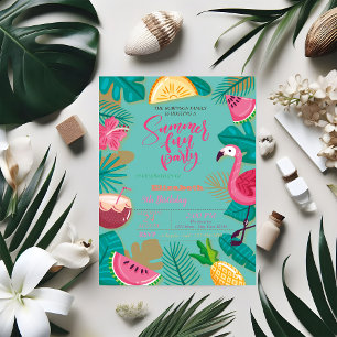 Zomer, Fruit, Palmblad Flamingo Verjaardagsfeestje Kaart