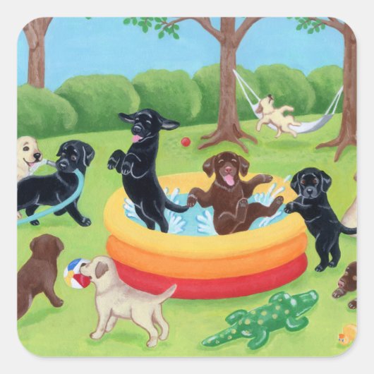 Zomer Fun Labradors Schilderen Vierkante Sticker (Voorkant)