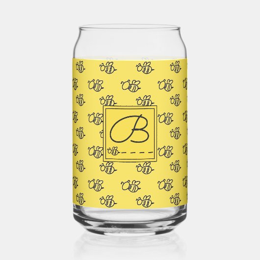 Zomer Gele Bee Doodles Monogrammed Blikvorm Glas (Voorkant)