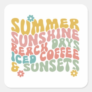 Zomer Gezegde Retro Beach Iced Coffee Zonsondergan Vierkante Sticker