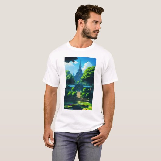 Zomer Happy Vibes Tempel en vijver Blue Sky T-shirt (Voorkant volledig)