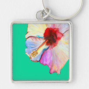Zomer hibiscus watercolor kunst sleutelhanger