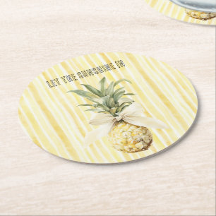 Zomer in de Zon Gele Strepen Ananas Ronde Kartonnen Onderzetter