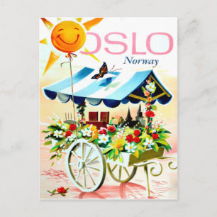 Zomer in Oslo, Noorwegen. Bloemenkar en gelukkige Briefkaart