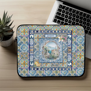zomer Italiaans bloemmotief blauwe tegels citrus m Laptop Sleeve