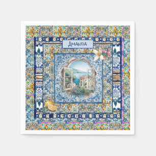 zomer italiaans florale blauwe tegels citrus monog servet