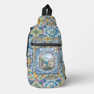 zomer italiaans florale blauwe tegels citrus monog sling bag