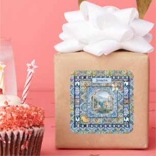 zomer italiaans florale blauwe tegels citrus monog vierkante sticker