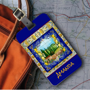 zomer italiaans Majolica blauw tegels citrus tuin Bagagelabel