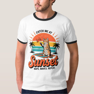Zomer Kat Retro Zonsondergang - Speelse Strand Kit T-shirt
