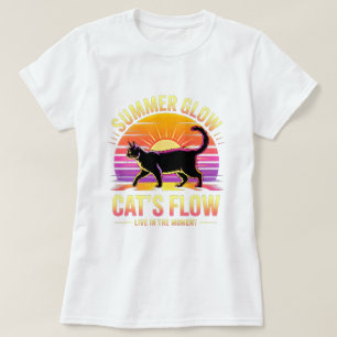 Zomer Kat Retro Zonsondergang - Zwarte Katachtige T-shirt