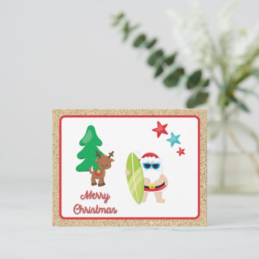 Zomer Kerstman met Zand Kerst Custom Feestdagenkaart (Staand voorkant)