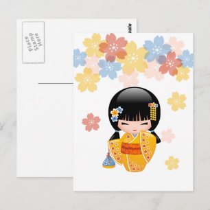 Zomer Kokeshi Doll - Geel Kimono Beste Wensen Briefkaart