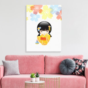 Zomer Kokeshi-pop - Geisha-meisje in gele kimono Canvas Afdruk