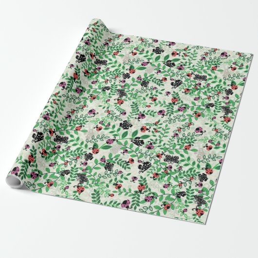 Zomer - Lady Bugs, Vlinders en Bladeren - Roll Cadeaupapier (Uitgerold)