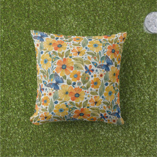 Zomer Magisch Goud en Blauwe Bloemen Buitenkussen